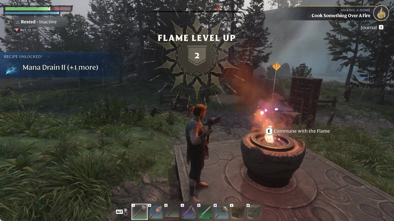 Flame Level Up banner showing level 2 above the Flame Altar, with the Commune with the Flame prompt