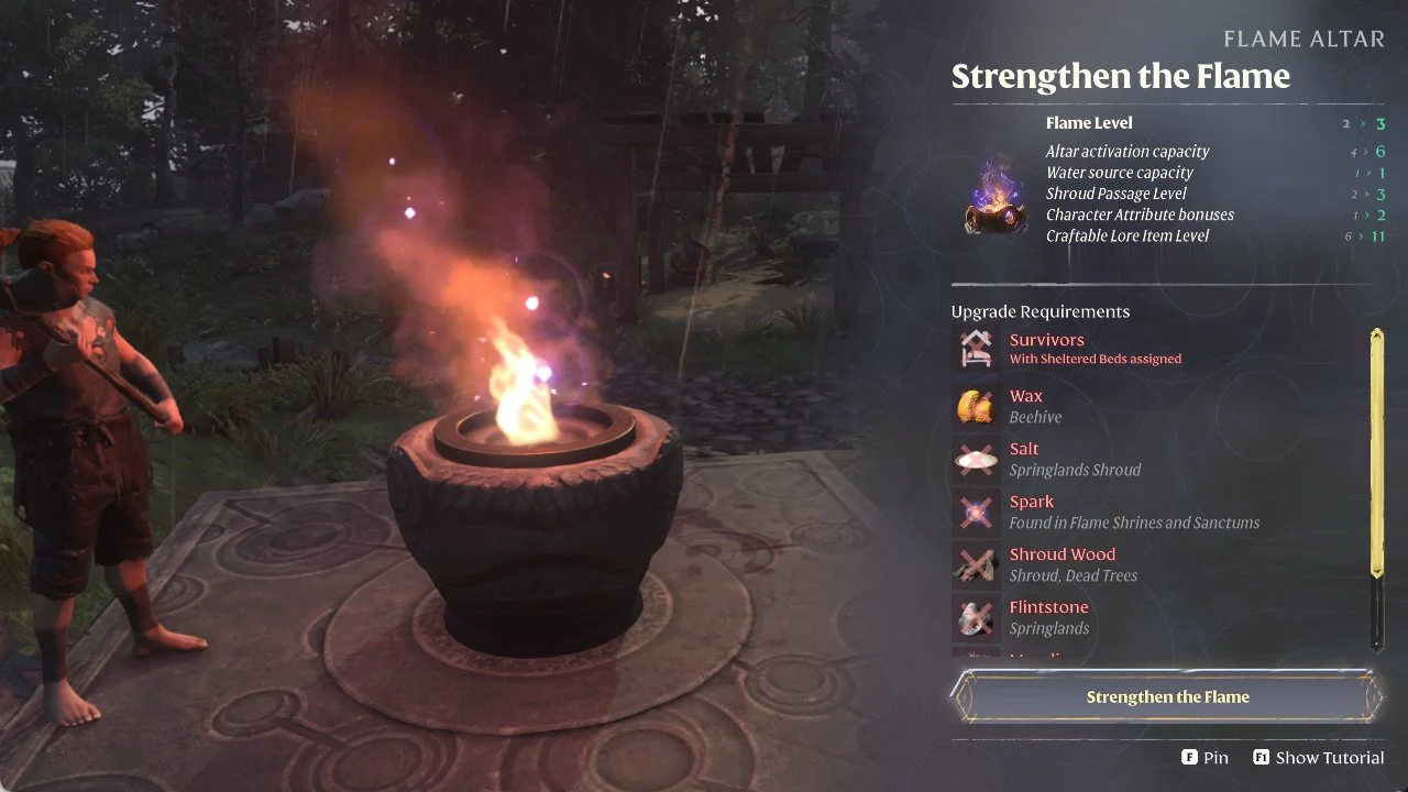 Strengthen the Flame screen previewing Flame Level 2 to 3 with survivor and material requirements