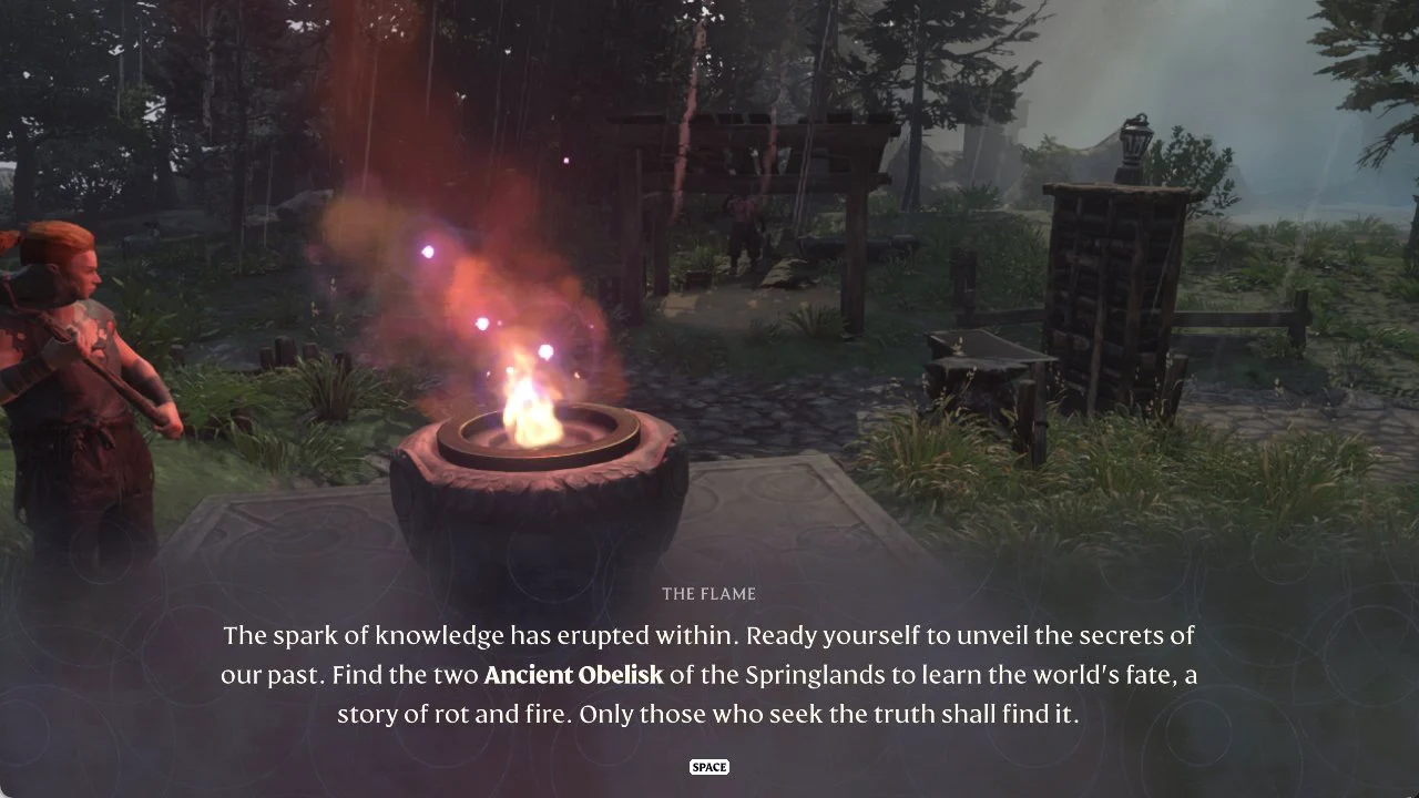 The Flame dialogue telling the player to find the two Ancient Obelisks of the Springlands