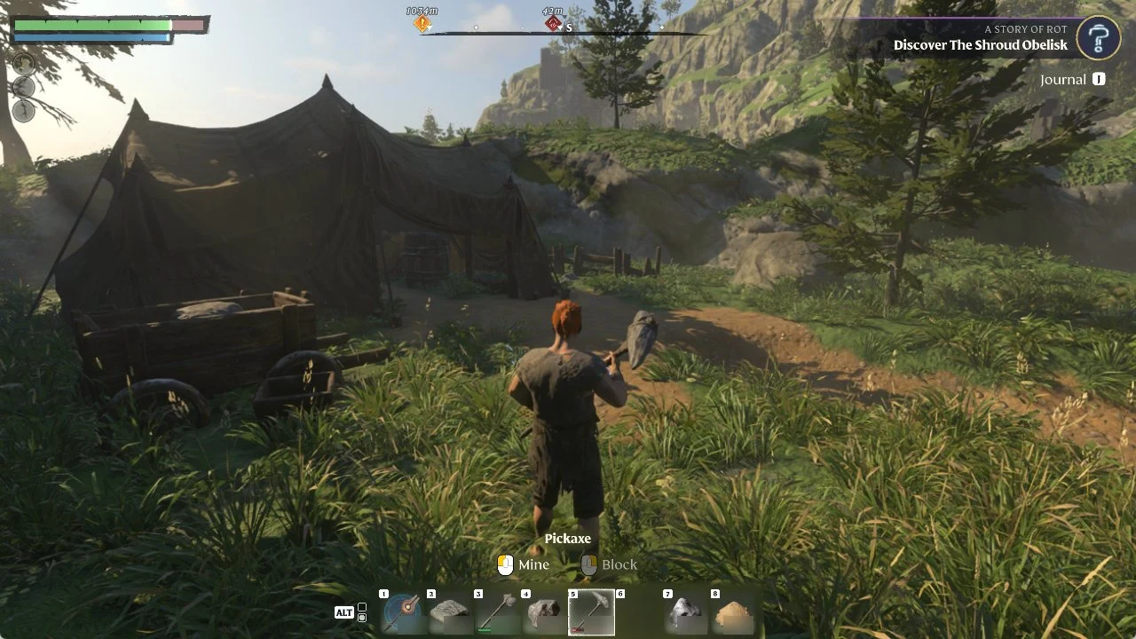Pickaxe selected on the HUD with Mine and Block prompts as the character stands ready to mine