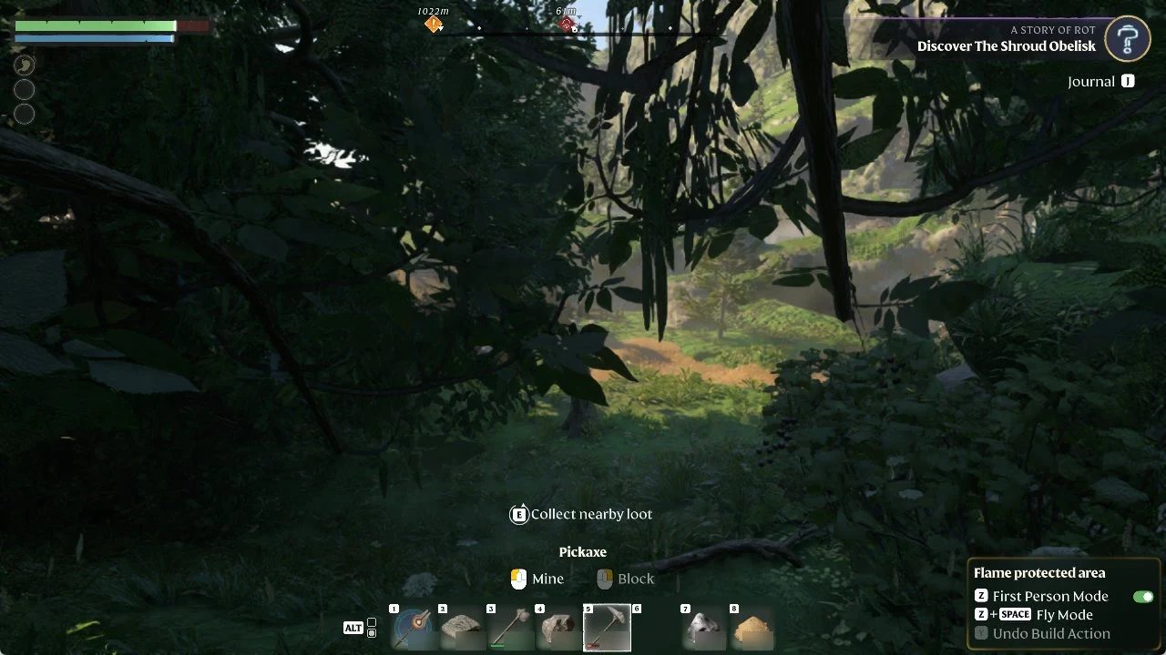 HUD with the Pickaxe in hotbar slot 5, Mine selected, and a prompt to collect nearby loot