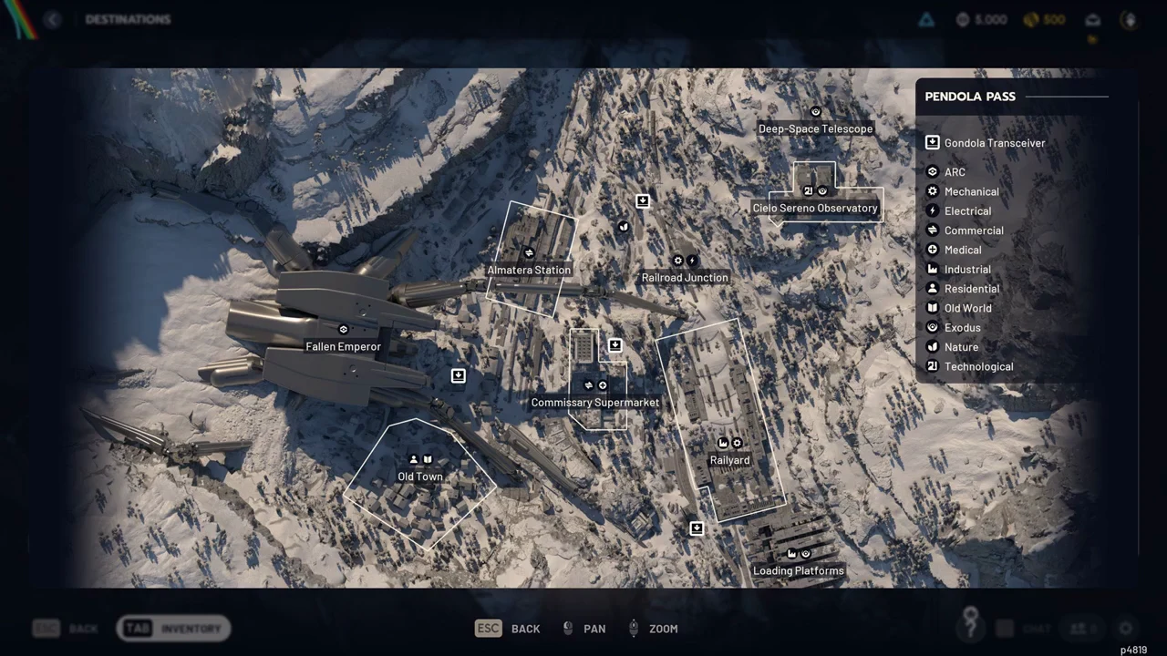 Full Pendola Pass tactical map open on the Inspect screen with labeled locations and loot legend