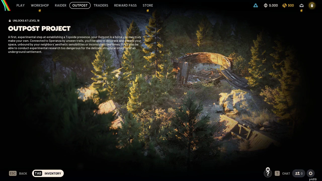 Outpost Project screen on the Outpost tab showing the level 18 unlock requirement