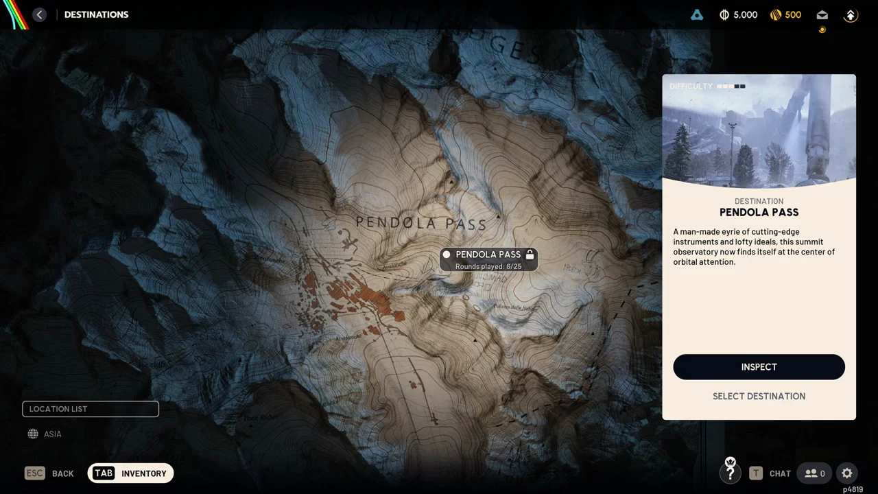 Pendola Pass selected on the Destinations screen showing its locked 6/25 rounds played status