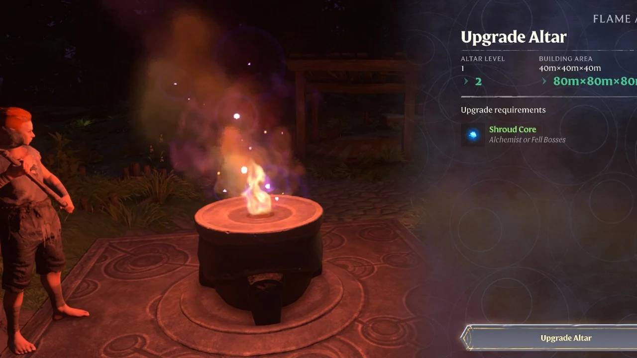 Upgrade Altar screen listing one Shroud Core for Altar Level 1 to 2, with the Upgrade Altar button highlighted