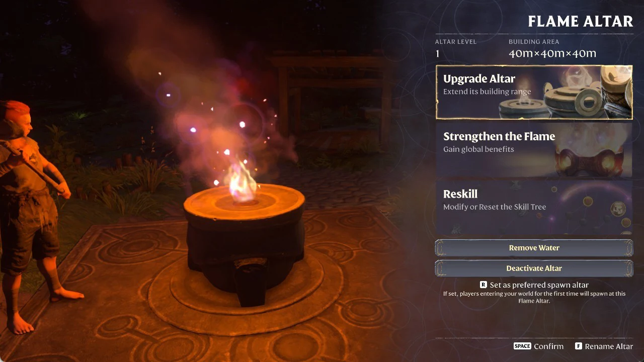 Flame Altar menu in Enshrouded with the Upgrade Altar option highlighted to extend building range