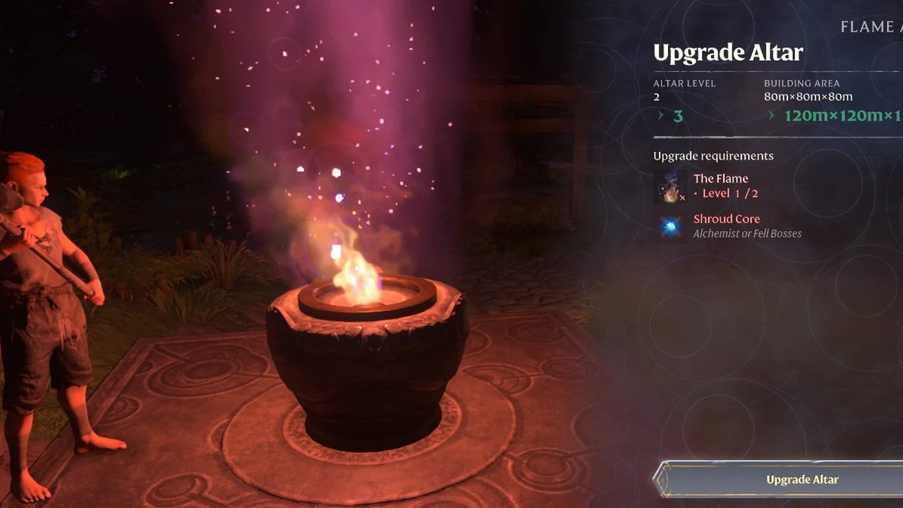 Upgrade Altar screen for Altar Level 2 to 3, asking for The Flame Level 2 and five Shroud Cores