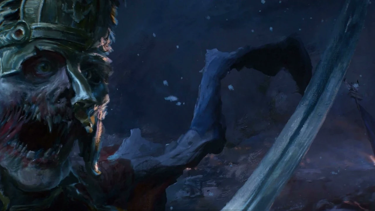 Decayed soldier in a metal helmet gripping a curved blade in Valor Mortis splash art