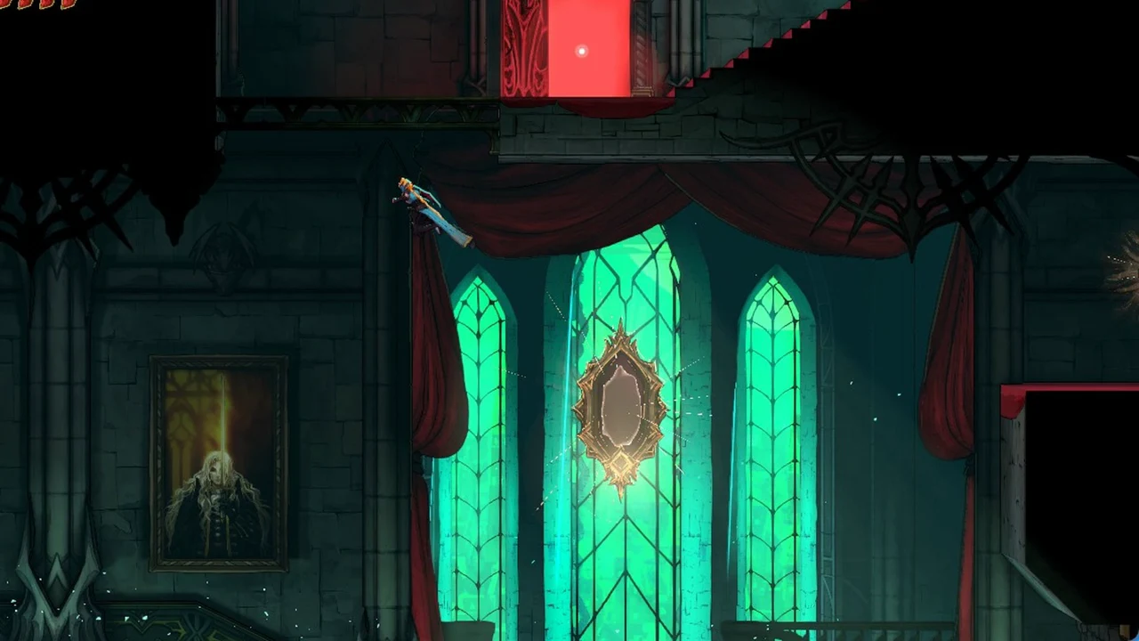 Rose airborne past a red curtain and glowing frame in front of green stained-glass windows