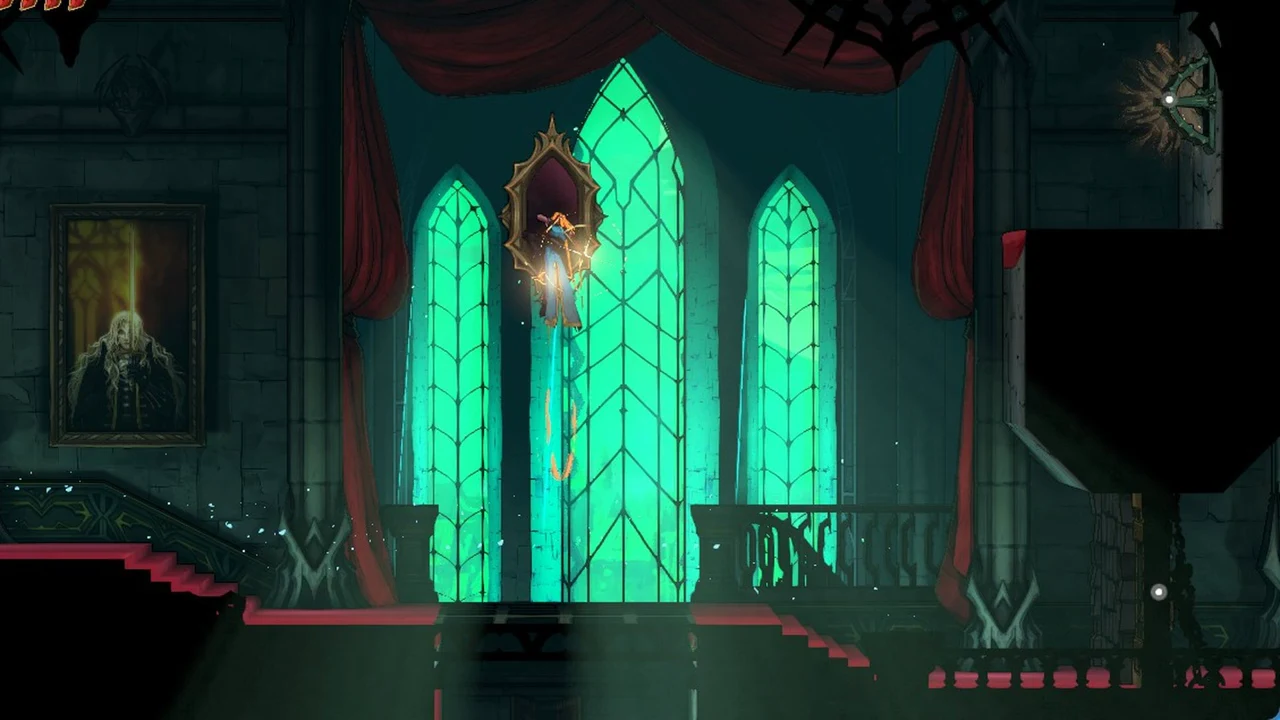 Rose suspended at an ornate gold frame with glowing particles in a hall of green stained-glass windows
