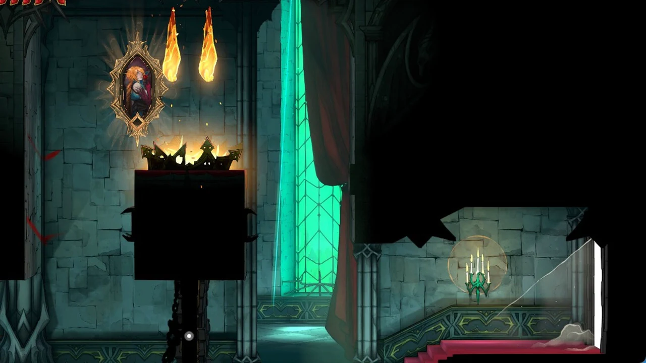 Rose inside a high gold-framed painting above a crowned pillar flanked by flaming braziers
