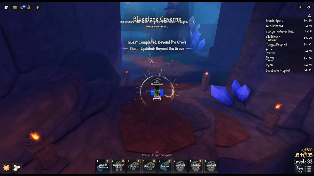 Beyond the Grove completion and update notifications appearing after landing inside Bluestone Caverns