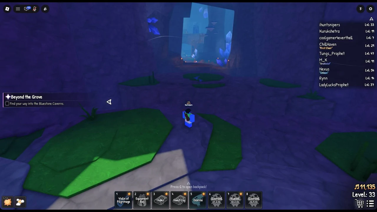 Beyond the Grove quest tracker reading find your way into the Bluestone Caverns during the jump across