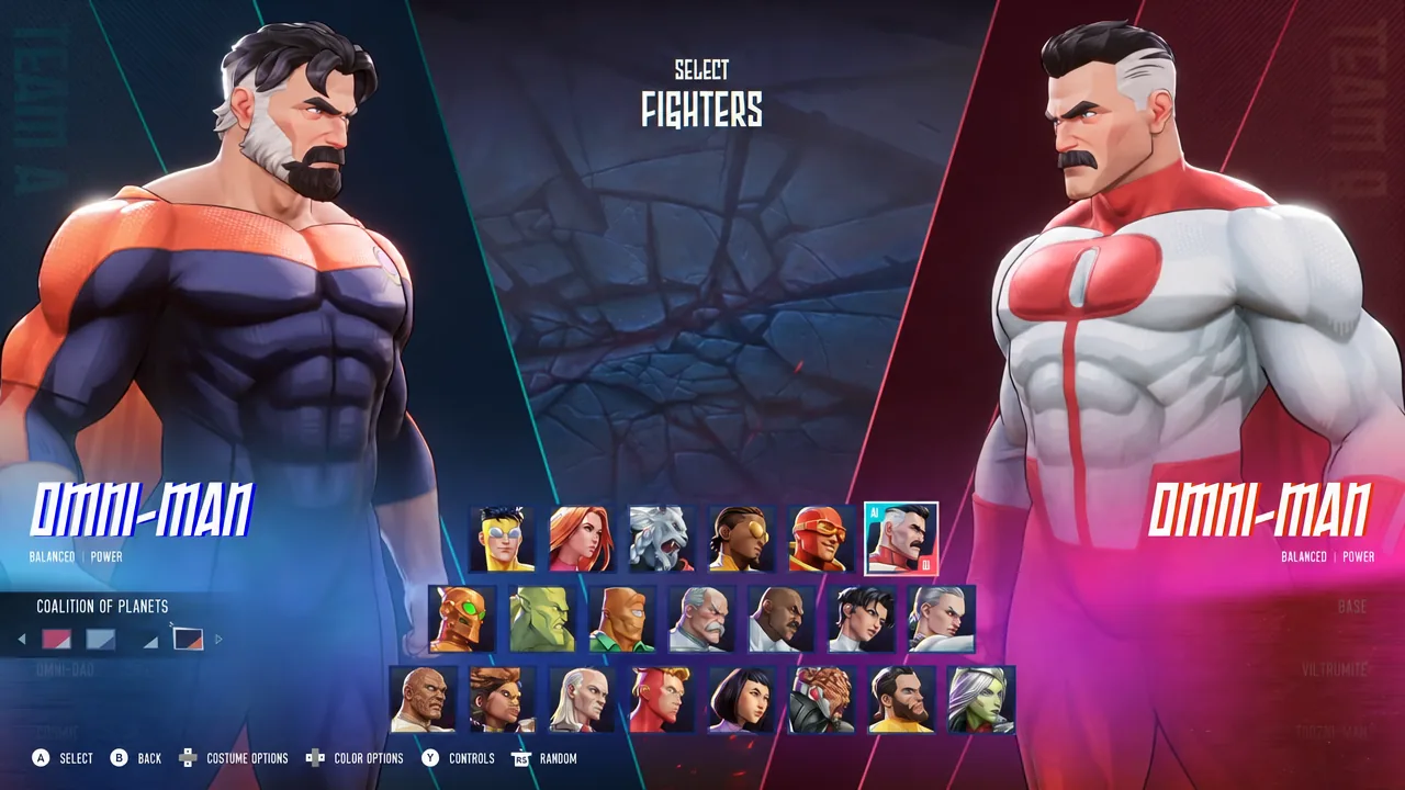 Omni-Man's portrait highlighted on the Select Fighters roster screen