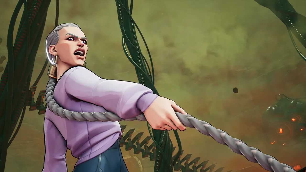Thula in a hoodie and bike shorts fighting with her knife braid weapon