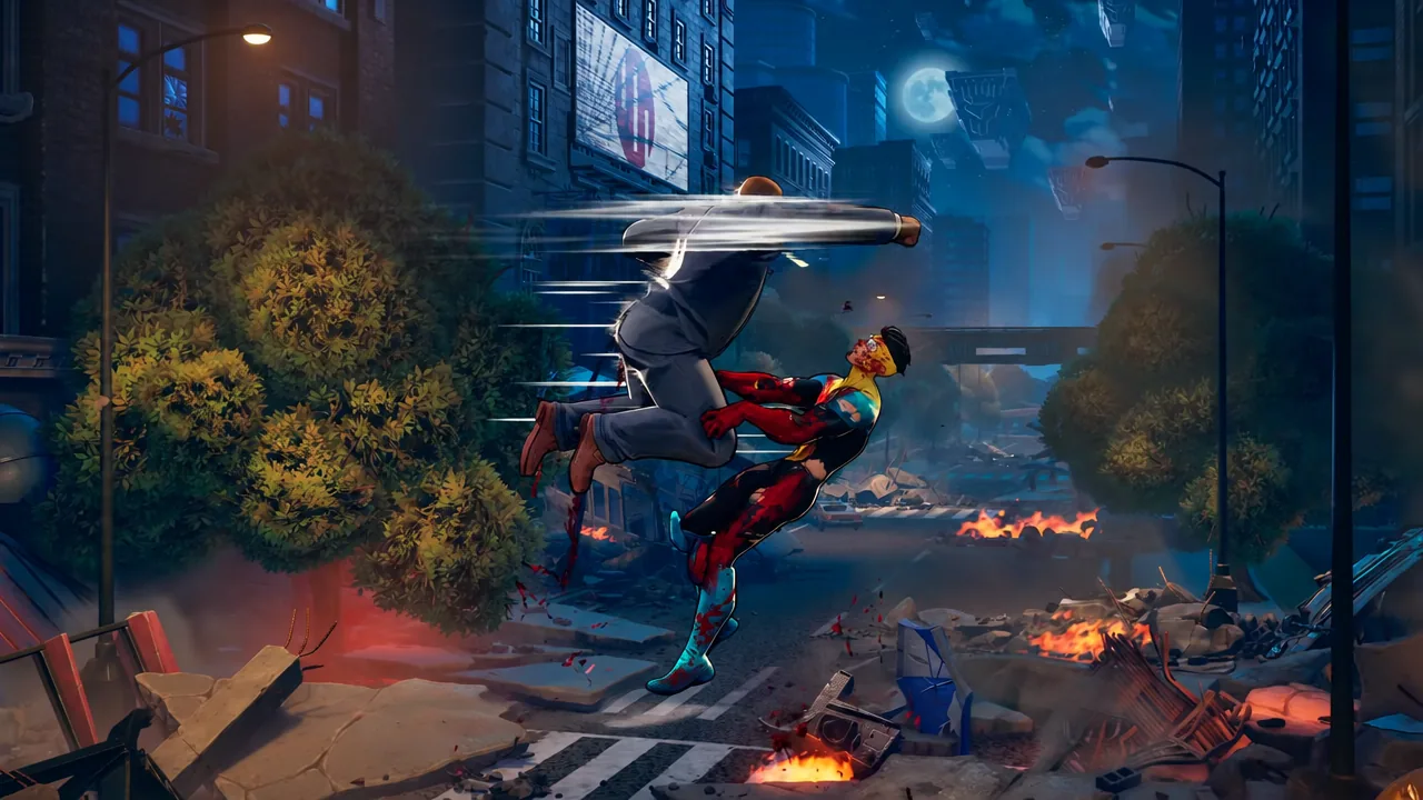 Lucan in his suit fighting Mark in the arena