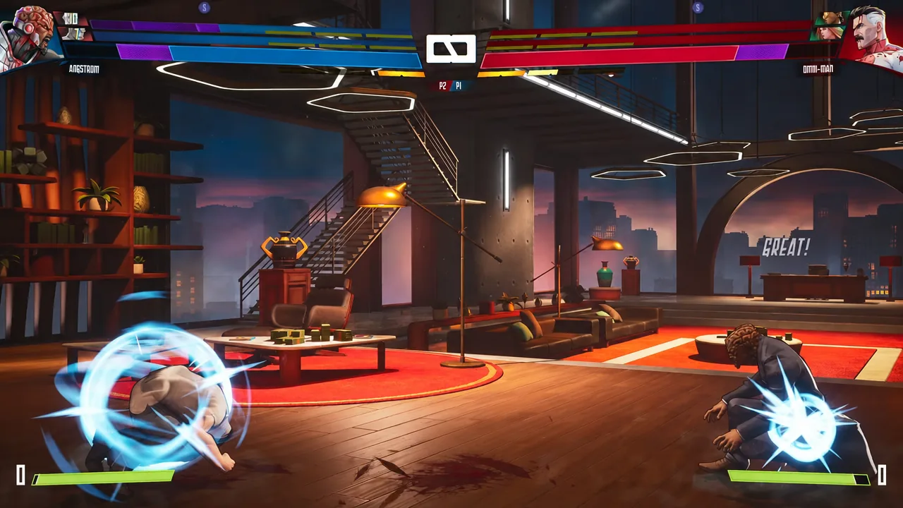 Angstrom and Omni-Man charging glowing attacks across the arena