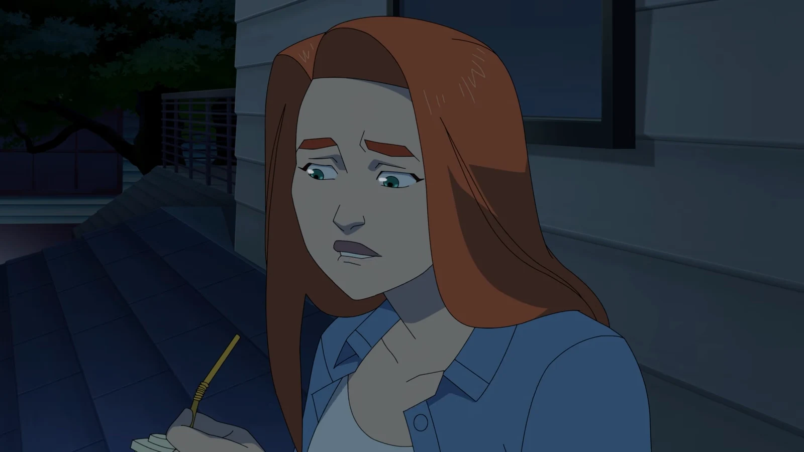 Red-haired woman on a dim rooftop looking down at a notepad with a pencil
