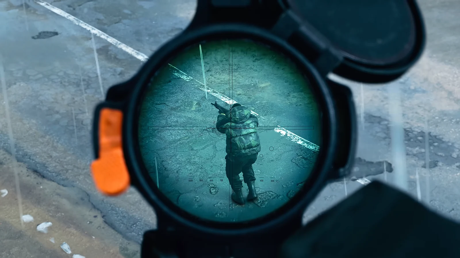 Sniper scope reticle lined up on an armed soldier standing on a road in DMZ