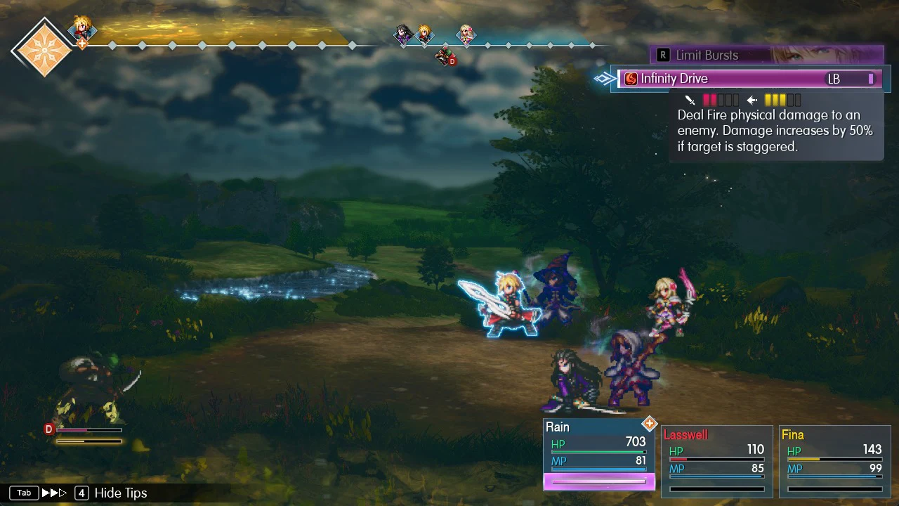 Turn-based battle with the Limit Bursts menu open and Rain's Infinity Drive selected