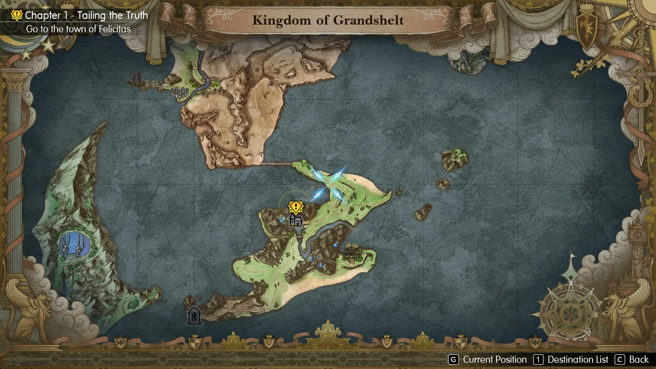 Kingdom of Grandshelt world map with a yellow quest marker tracing the route ahead