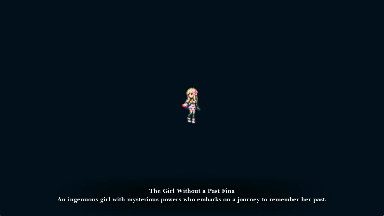 Fina's pixel sprite on a dark title card naming her The Girl Without a Past