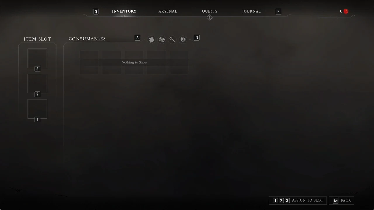 Inventory screen with Consumables tab open reading Nothing to Show and item slots 1 to 3 empty