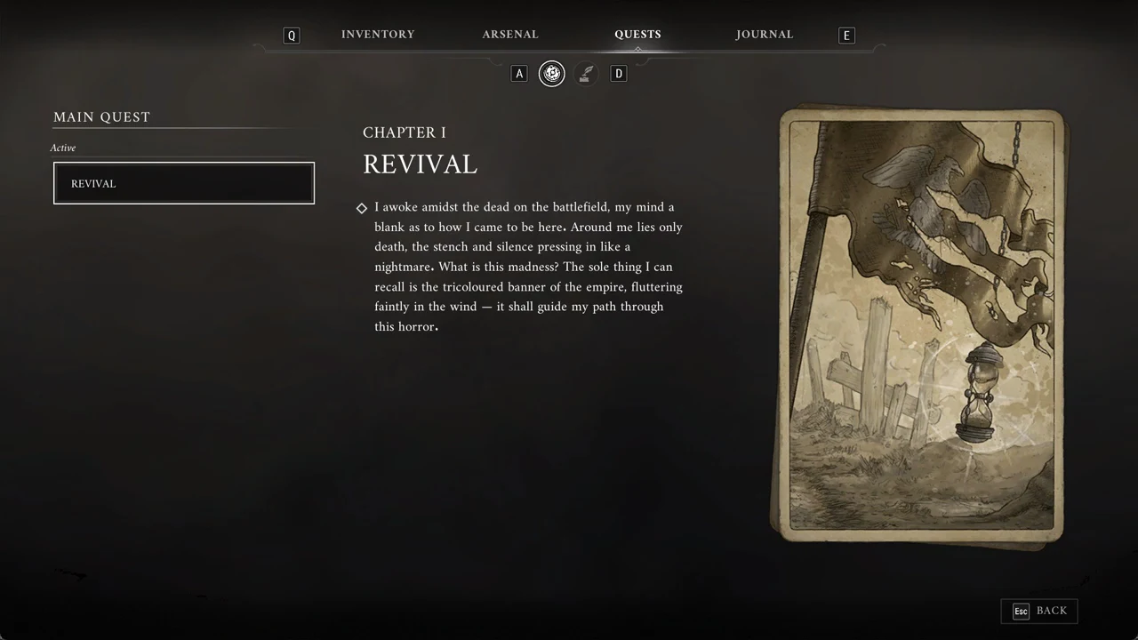 Quests screen with active main quest Revival selected, showing Chapter I text and torn banner artwork