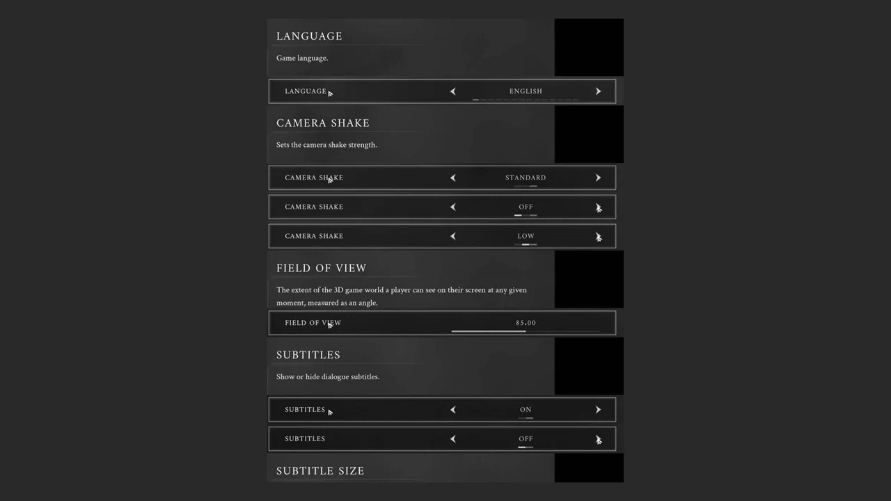 The GAMEPLAY settings tab showing camera shake presets and the field of view slider set to 85