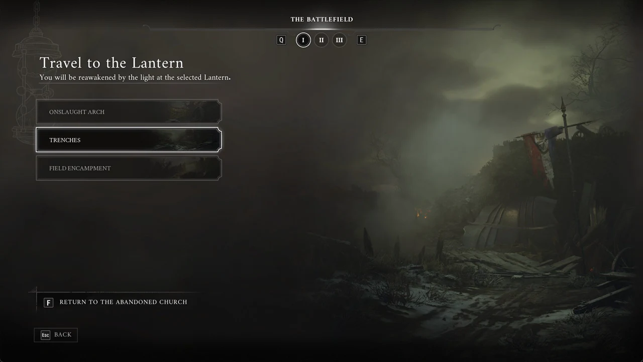 The Battlefield travel menu with Trenches highlighted and a return to the Abandoned Church prompt