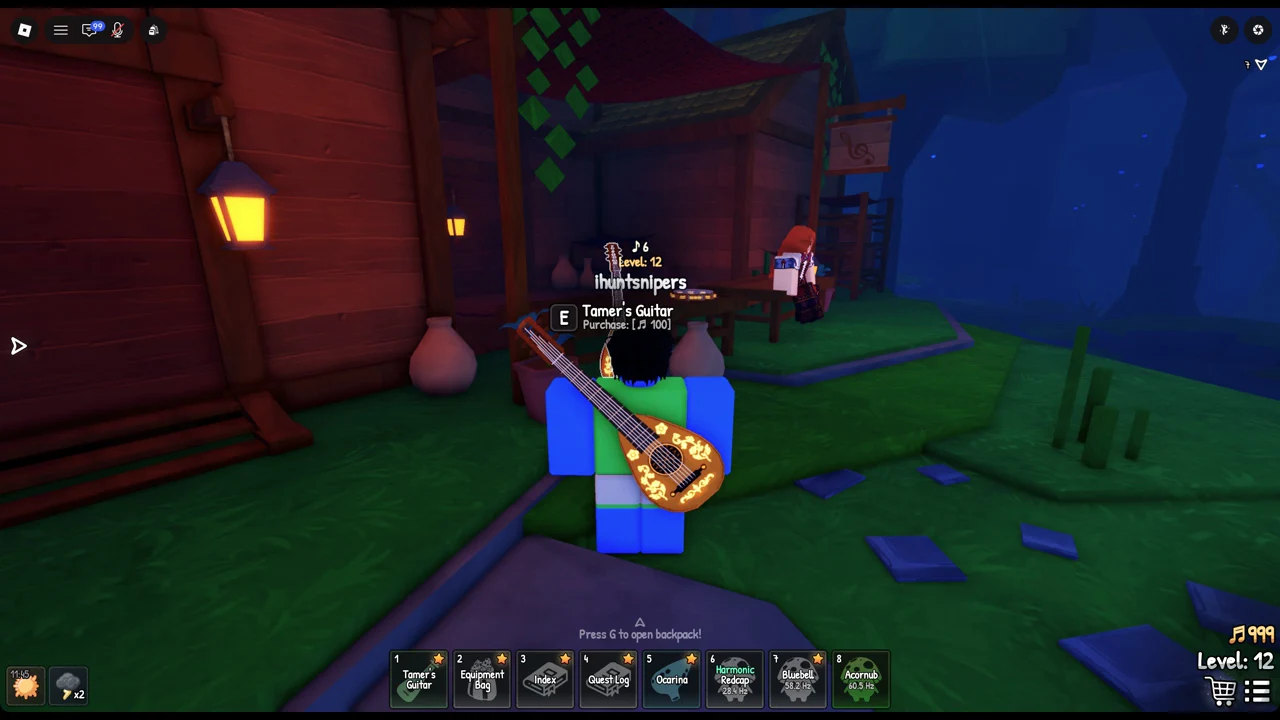 The Tamer's Guitar purchase prompt open with the E key available to buy it for 100 Chimes