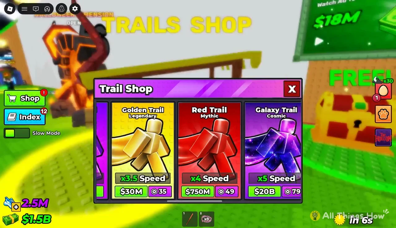 Trails Shop menu listing the Golden, Red, and Galaxy Trail with their speed multipliers and prices