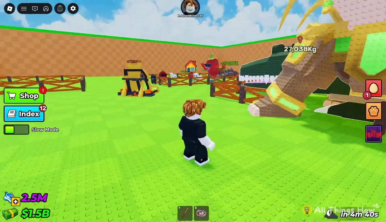 Avatar standing inside the fenced pen yard at the base with the Slow Mode, Shop and Index buttons on screen