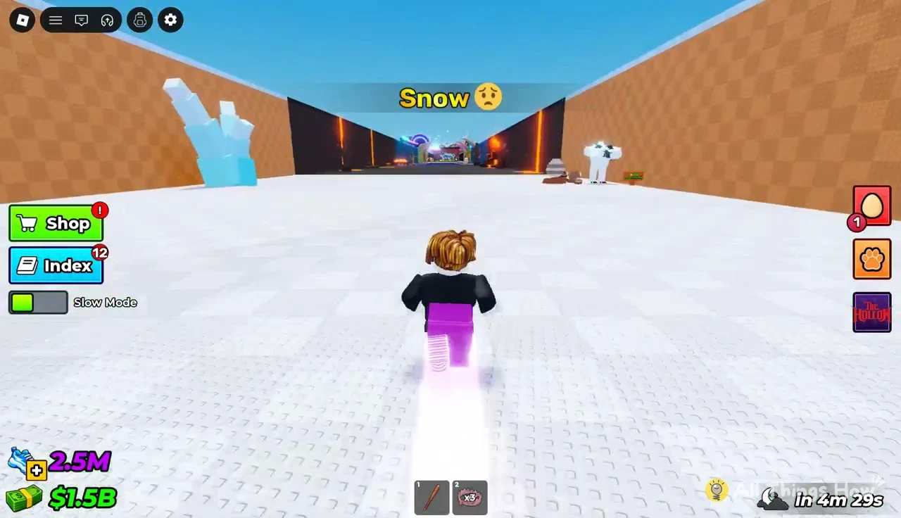 Avatar running down the open snowy path in the Snow biome toward a far entrance