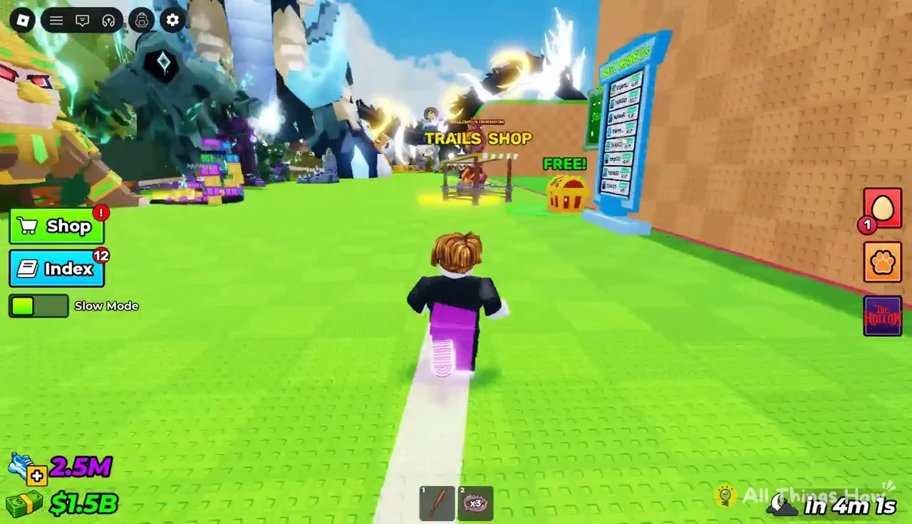 Avatar running across the hub toward the TRAILS SHOP kiosk next to the FREE! gift chest
