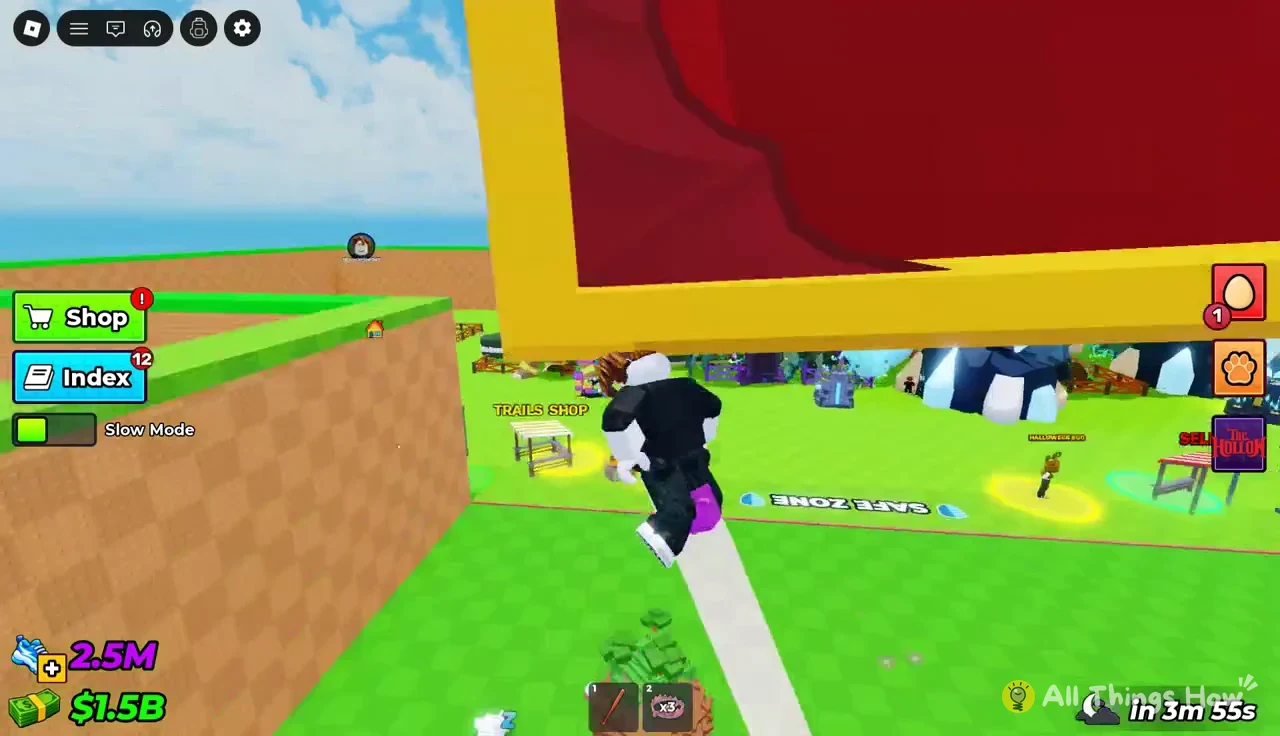 Avatar jumping toward the Trails Shop with the Shop and Index buttons on the left of the screen