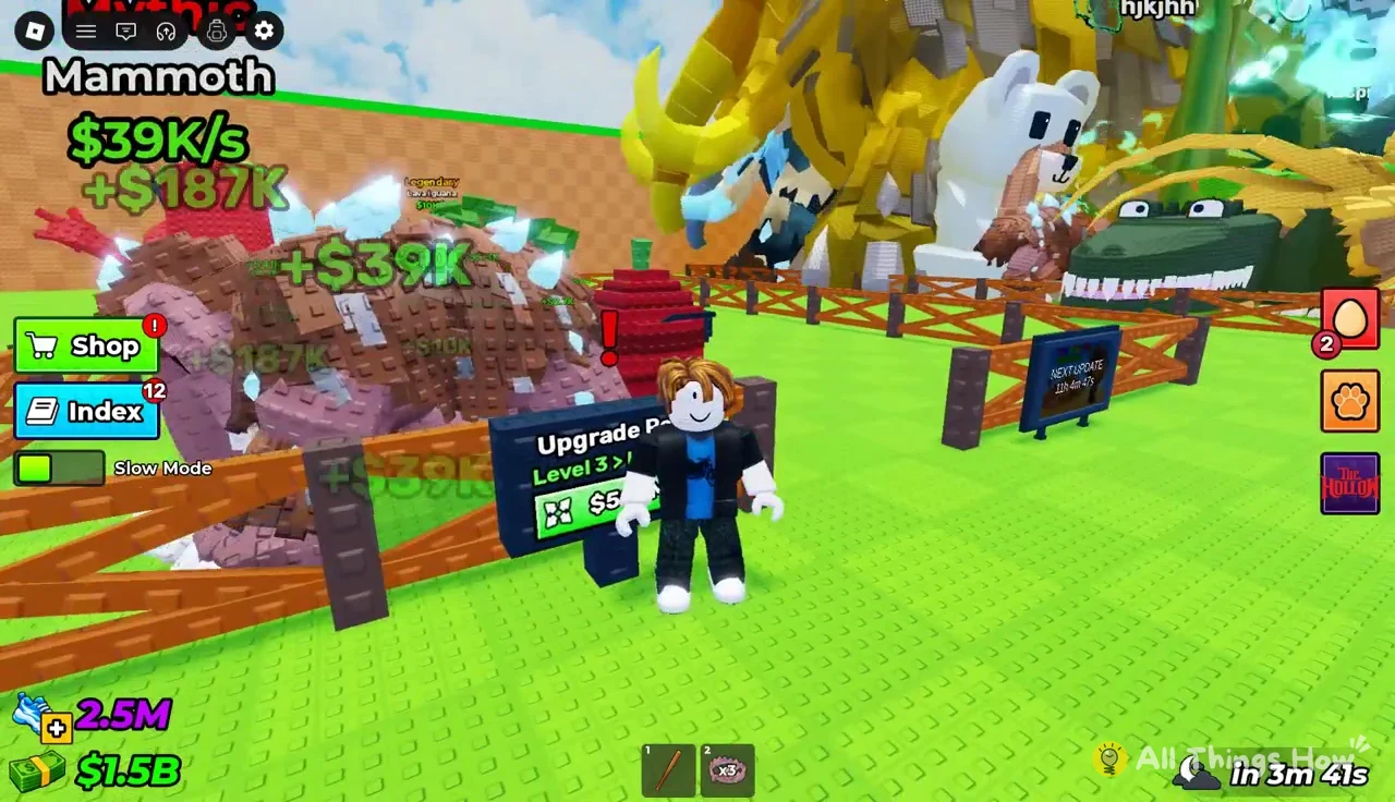 Avatar beside the upgrade pad showing the green Level 3 cash upgrade button