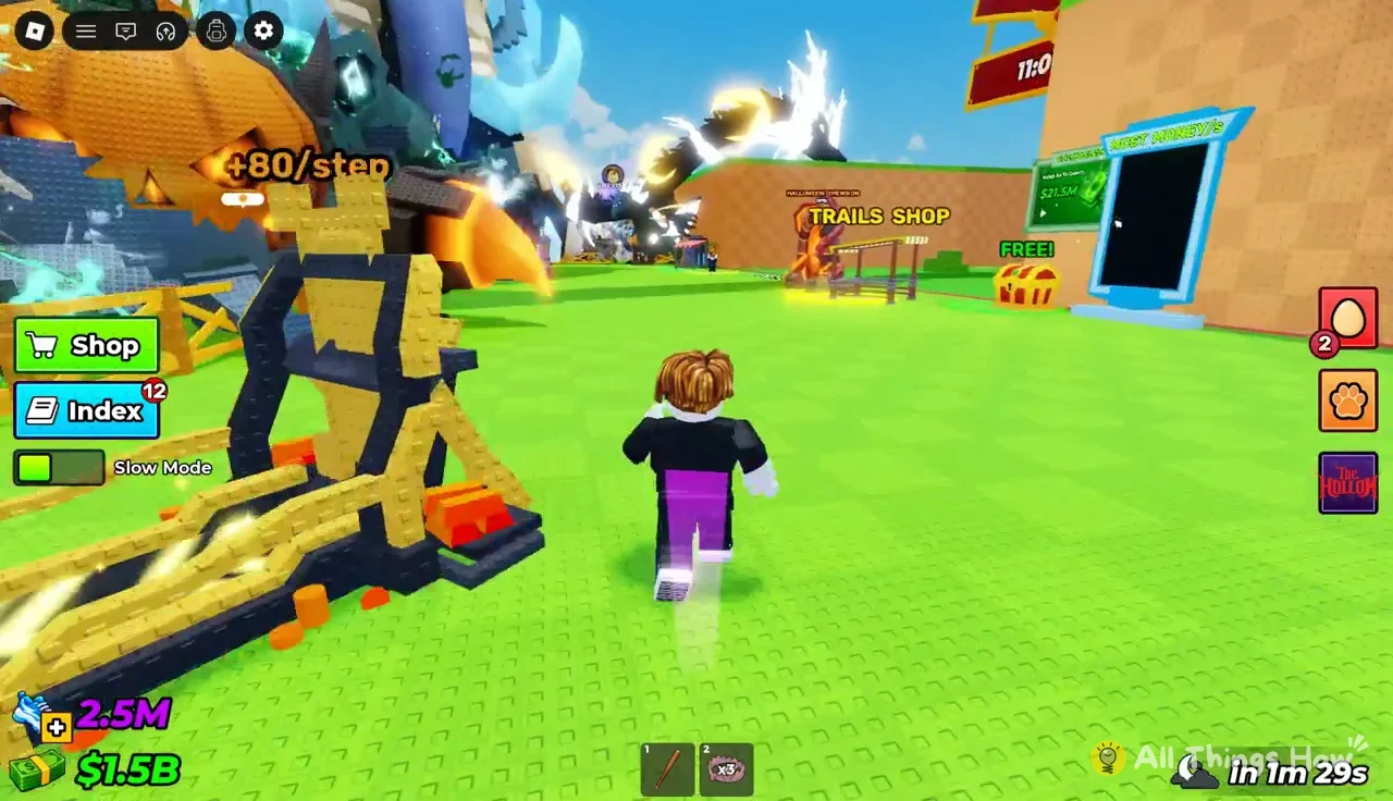 Avatar running across the Steal an Egg hub toward the Trails Shop stand