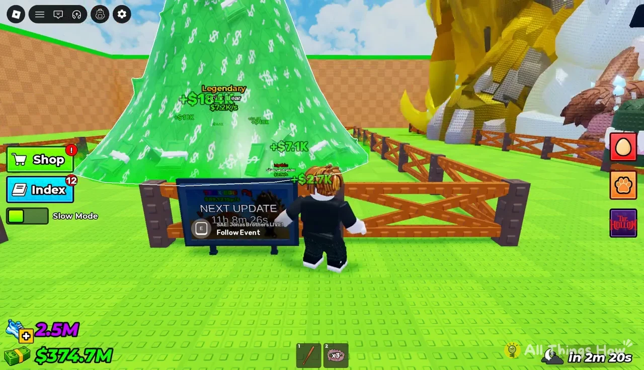 NEXT UPDATE billboard at a Steal an Egg base showing the E Follow Event prompt