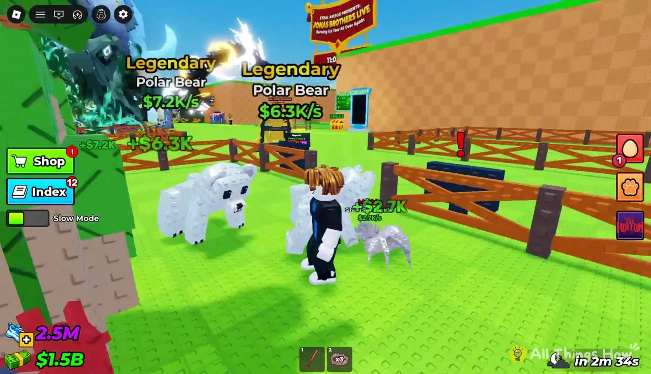 Legendary Polar Bear pets in the pen with cash earnings floating above them