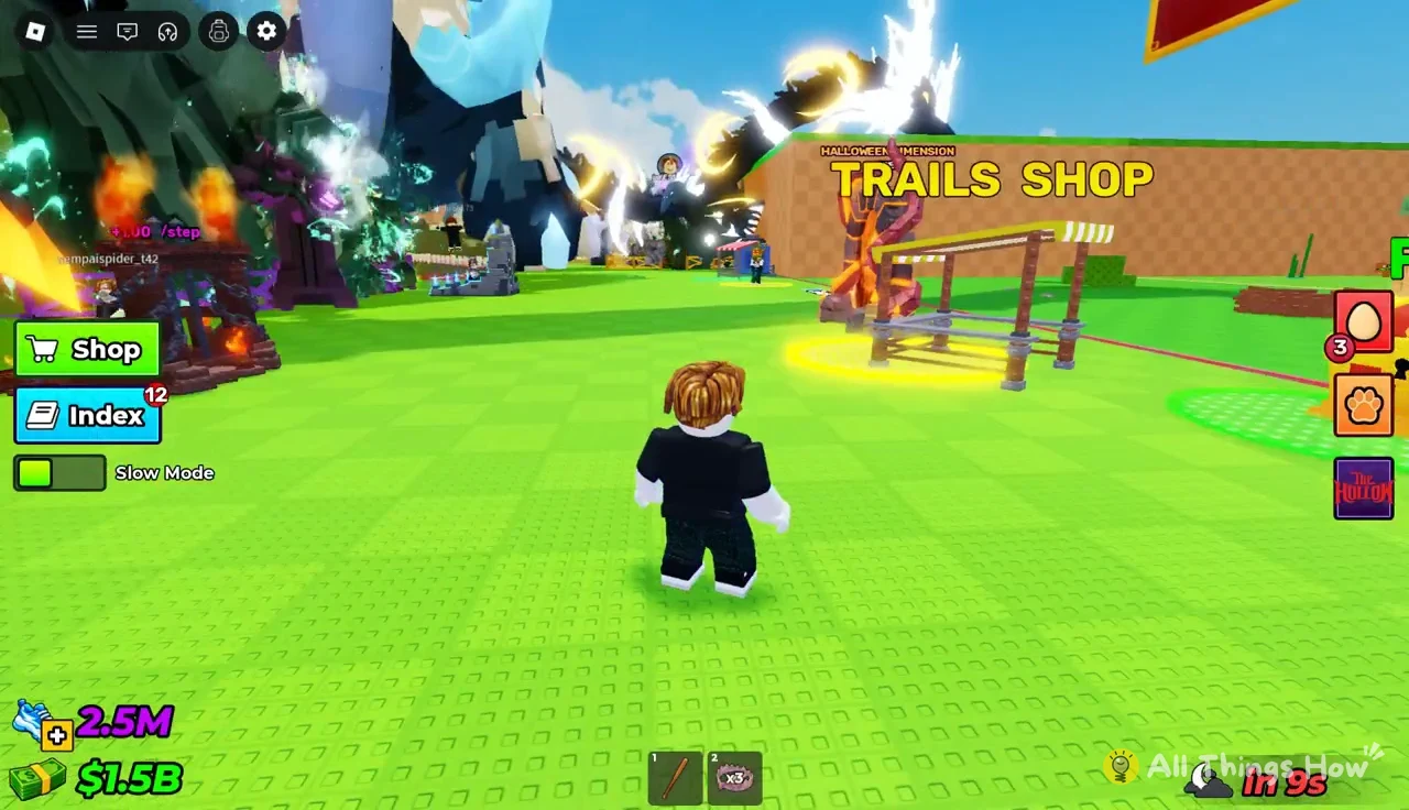Avatar inside the Halloween Dimension facing a Trails Shop stall with the Shop button on the left