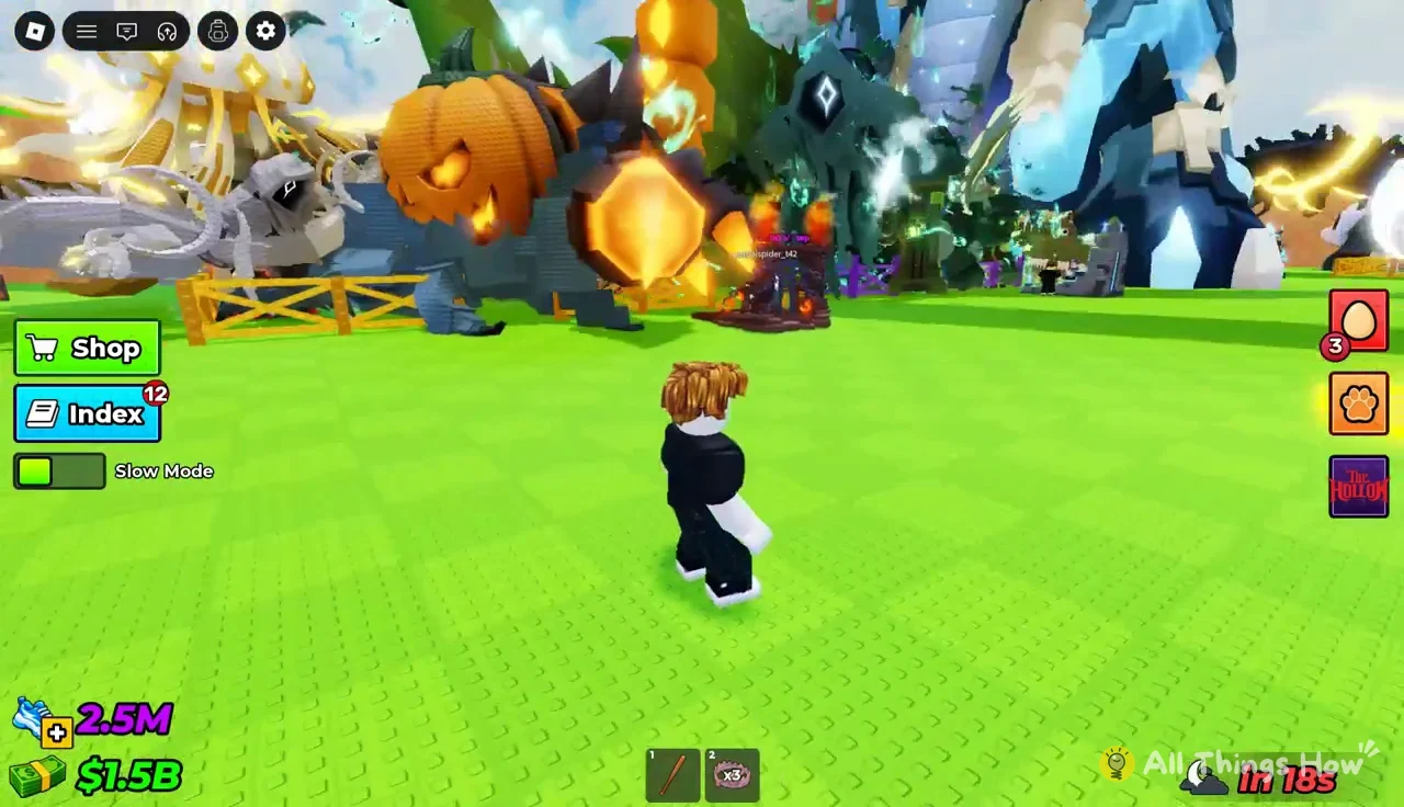 Avatar facing the creature area while the Halloween event countdown reads in 18s