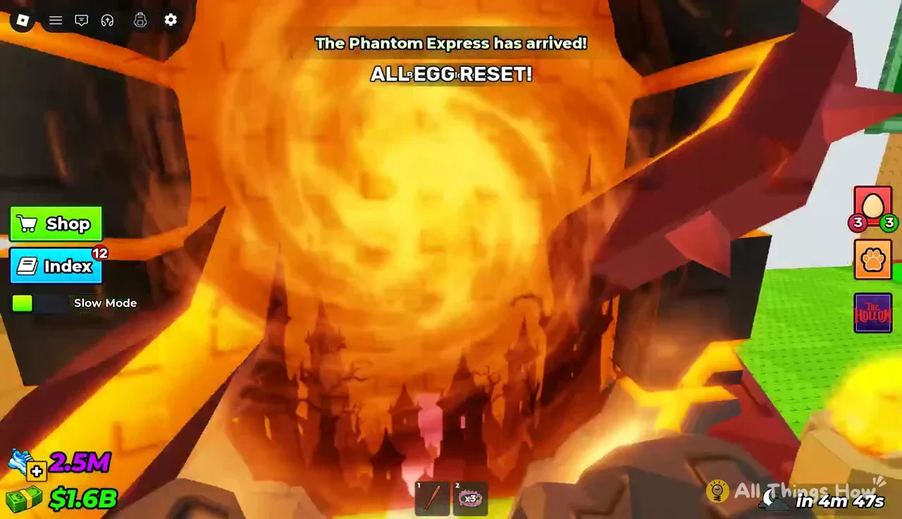Banner reading The Phantom Express has arrived! and ALL EGG RESET! above a glowing event structure