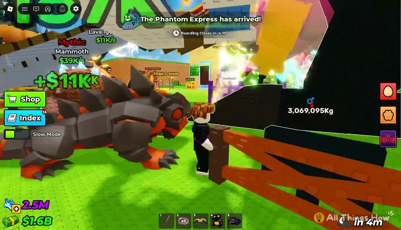 Avatar next to a Mythic Mammoth while the Phantom Express banner counts down boarding time