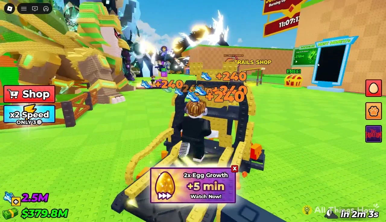 Avatar sprinting on the yellow treadmill earning +240 shoe tokens with the 2x Egg Growth offer open