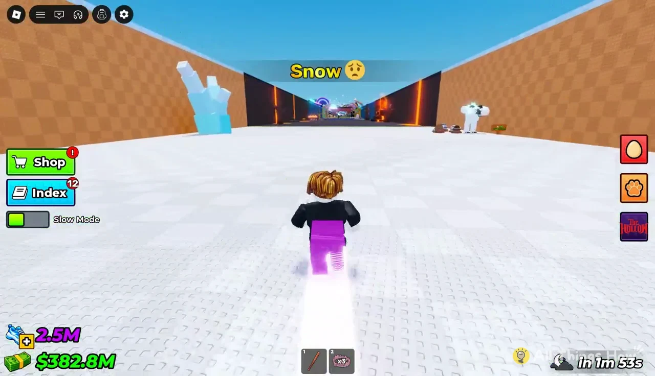 Avatar crossing the icy Snow biome toward a neon entrance with the Slow Mode toggle visible