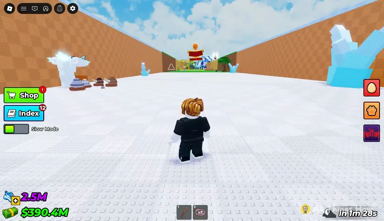 Avatar standing in a narrow snowy corridor with Slow Mode switched on