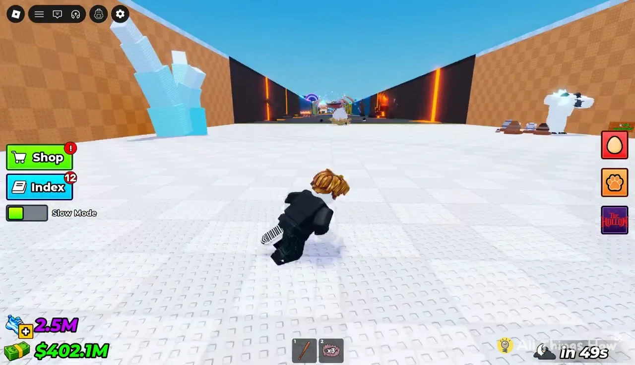 Avatar running forward through the arena with the green Slow Mode toggle under the Shop and Index buttons