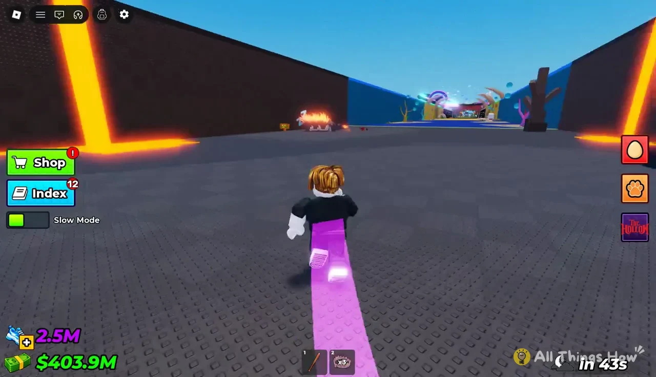Avatar sprinting along the course toward a distant area with Slow Mode enabled