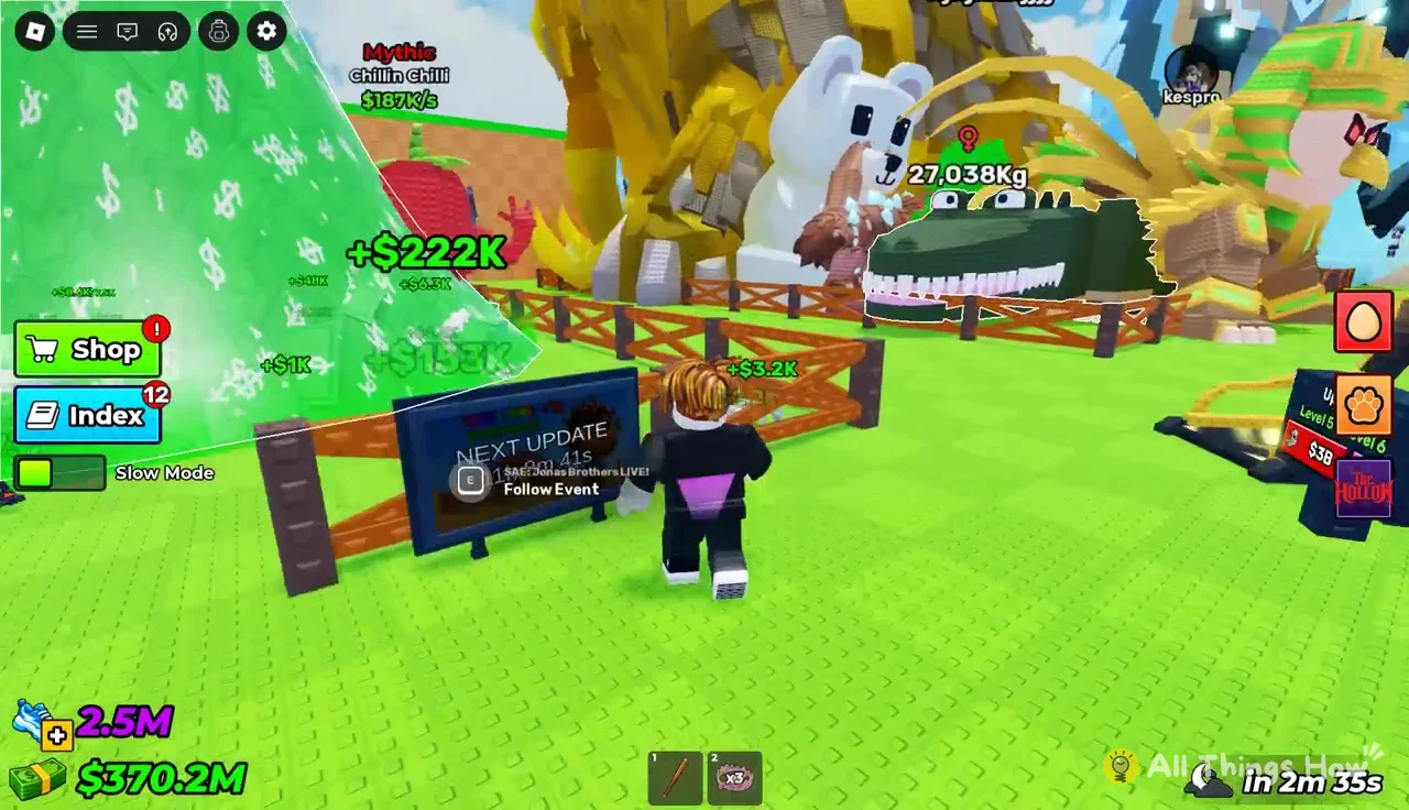 Roblox avatar standing beside the NEXT UPDATE sign with the Follow Event interaction prompt on screen